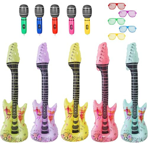 15 Stück Aufblasbare Instrumente, Luftgitarren zum Aufblasen, Aufblasbare Gitarre, Luftgitarre, Gitarre Aufblasbar mit Mikrofone und Gläser Party Spielzeug, Party Requisiten für Kinder und Erwachsene