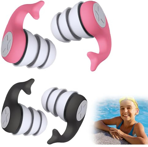Lot de 2 paires de bouchons d'oreilles de natation pour adultes, bouchons d'oreilles étanches pour la natation, bouchons d'oreilles souples parfaits pour le surf, la plongée, la piscine (noir et rose)