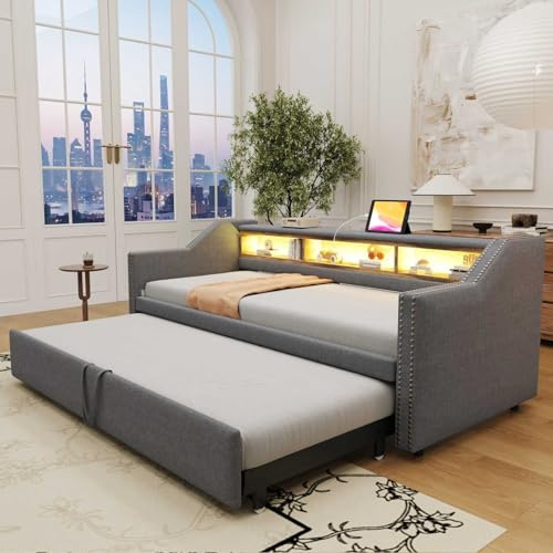 YEHTOKHOME Lit rembourré 90/180x190cm,canapé-lit Extensible avec lumière LED Multicolores et 2 USB Port de Charge, Multifonctionnel Compartiment de Rangement(sans Matelas) (Gris 2)