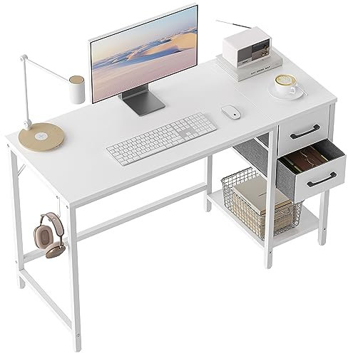 CubiCubi Schreibtisch mit 2 Schubladen und Kopfhörerhaken, 100×50×75cm Kleiner Computertisch, Bürotisch, für Arbeitszimmer, Schlafzimmer, Metallgestell, Weiß