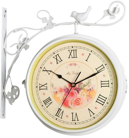 Gralara Orologio Da Stazione Bifacciale, Rotondo Da 25 Cm, per Camera E Patio, bianco retrò
