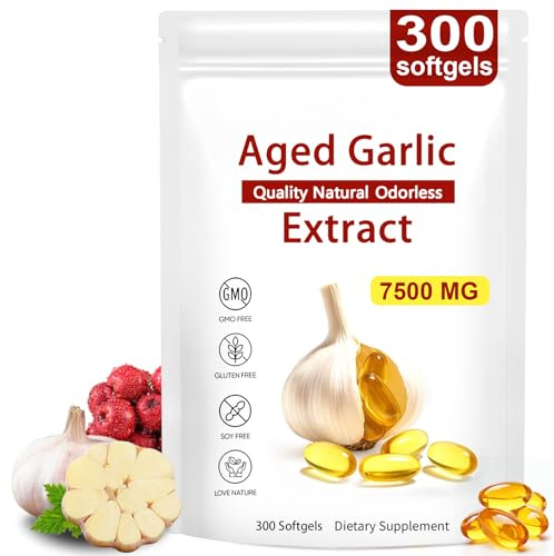 Aged Garlic Extract, 7500mg Odourless Aged Garlic Extract, 300 Softgels, 24 Month Daily Wellness Support,15:1 Concentrated Natural Black Garlic Capsules Supplement for Men and Women