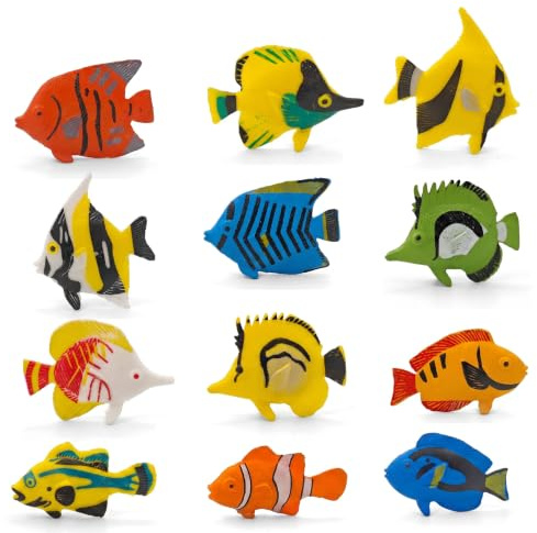 CavspkArt 12Pcs Mini Tropical Fish Figures, PVC Ocean Animal Toys | For Classroom Marine Life Teaching, Fish Toys, Small Aquatic Animal Models for Party Decor