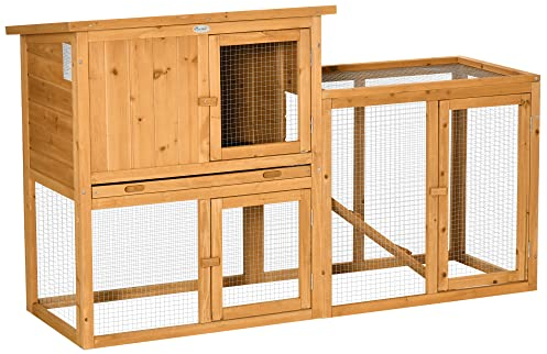 PawHut Kaninchenstall Kleintierstall mit herausnehmbarer Bodenwanne und Rampe Kleintierhaus Kleintierkäfig Outdoor Indoor Tannenholz Orange 141 x 60 x 86 cm