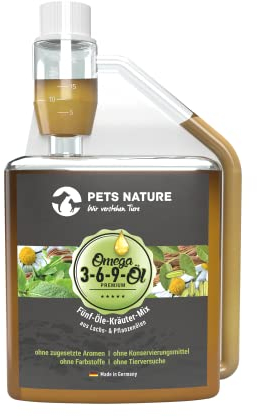 Pets Nature Omega 3-6-9-Öl für Hunde und Katzen - reines Premium Kräuter-Barf-Öl mit Distel-, Hanf-, Lachs-, Chia- und Leinöl - 100% natürlich, schonend kaltgepresst (500 ml)
