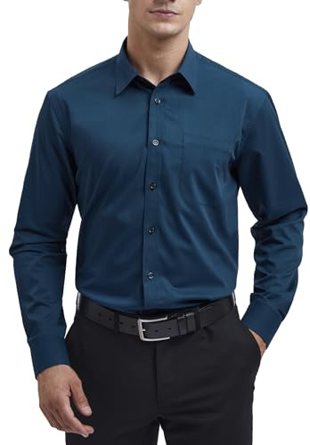 HISDERN Camisa de Manga Larga para Hombre de Vestir y Negocios - Informal de Ajuste Regular - Fibra de Bambú Sin Hierro Con Bolsillo S-4XL