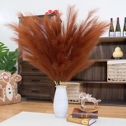 penepico Lot de 8 herbes de la pampa artificielles de qualité supérieure - Orange brûlé - 110 cm - Sans montage - Grandes fleurs de pampa artificielles - Moelleuses - Longues fleurs de plumes