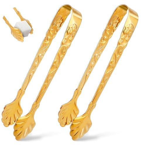 Jeffdad 2 mini pinze da portata, in acciaio inox retrò con motivo goffrato per cubetti di zucchero, pinze per cubetti di ghiaccio, per feste, caffè, tè, vino, bar, ghiaccio, buffet, cucina (oro),