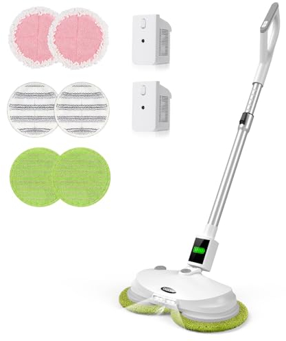 OGORI Elektrischer Mopp Bodenwischer Elektrisch Kabellos mit Sprühfunktion Akku Wischmopp Poliermaschine+2 Batterien,400 ML Wassertank,LED Beleuchtung,Doppelte Rotation moppe zum Wischen und Polieren