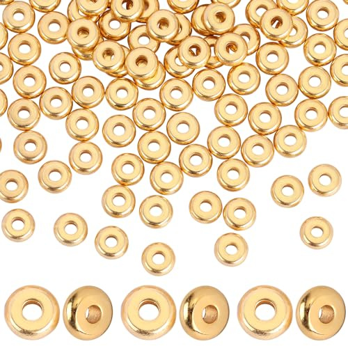 BEEFLYING 100 Piezas de Perlas Espaciadoras Planas Redondas de Acero Inoxidable de 5 mm para la Fabricación de Joyas, Perlas Espaciadoras Chapadas en Oro de 18K para Pulsera, Collar y Pendientes DIY