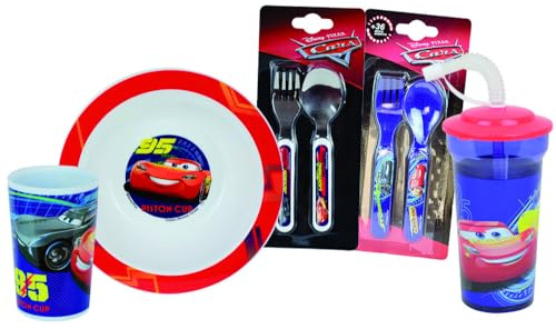 Fun House | Lot Vaisselle Cars Enfant 5 Pièces| Assiette Creuse Ø16 cm, Verre 220 ml, Verre avec Paille 400 ml, 2 Paires de Couverts H13,5 cm | Licence Officielle Disney | Réutilisable Dès 3 Ans