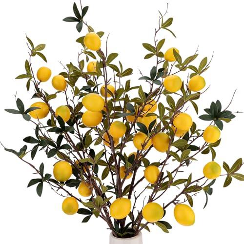 Gresorth Amarillo Limón Decoración Artificiales Falso Plástico Rama Realismo Fruta Ramo Mostrar Casa Armario Cuadro Modelo 3 Piezas
