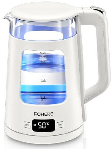 Electric Kettle, 1.7L Glass Tea Kettle, with Keep Warm, 5 Temperature Control, 2200W Fast Boil, Auto Shut-Off & Boil-Dry Protection, with 5 Colored Lights, White