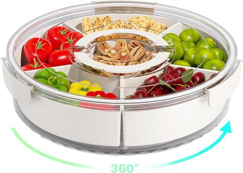 Wlihahancp Snackschale mit Deckel und Fächern, 360° Drehbare Snack-Box aus Kunststoff, Snackteller mit 6 Fächern, Runde Gewürzdose, Süßigkeiten Gemüse Kekse Nüsse Gemüse Desserts Obst Organizer
