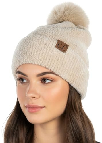 Funky Junque Fluffy Chenille Beanie Hat for Women, Super Soft Warm Winter Cap with Oversized Faux Fur Pom Pom, One Size Fits Most - Beige