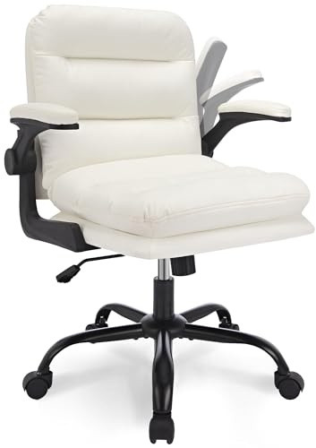VECELO - Silla de Oficina ergonómica de Piel sintética, cómoda con reposabrazos elevables, Soporte Lumbar, Altura Ajustable y Ruedas giratorias de 360°, Color Blanco