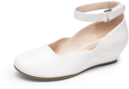 DREAM PAIRS Girls Dress Shoes Low Wedge Heels Ankle Strap Wedding Flower Party Flats Shoes for Toddler Little Big Kid,Size 1 Little Kid,White,KKUMPU2506