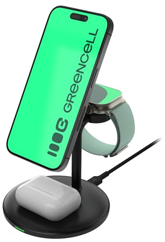 Greencell MagScape MagScape - Soporte de Carga inductivo 3 en 1 MagSafe para iPhone, Apple Watch, AirPods y Otros Auriculares inalámbricos, Color Negro