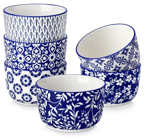 vancasso SELENE Moldes para Soufflé, 6 x 240ml Ramequines de Porcelana, Moldes para Tartas, Mini Cuencos para Aperitivos, Apto para Lavavajillas y Horno, Ø 9.7cm, Estilo Chino en Azul y Blanco
