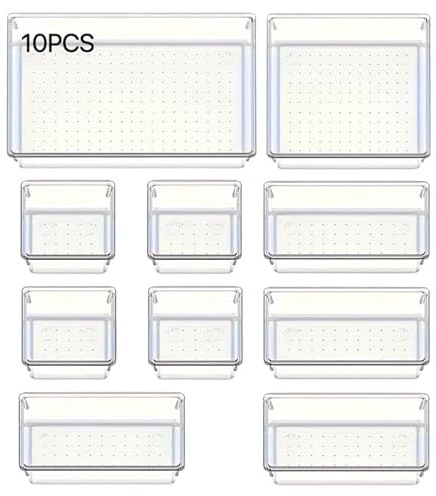 NEXROLA Organizador de escritorio, juego de 10 piezas - Organizador de cajones, 4 tamaños de plástico transparente - Cajas organizadoras con puntos de silicona antideslizantes