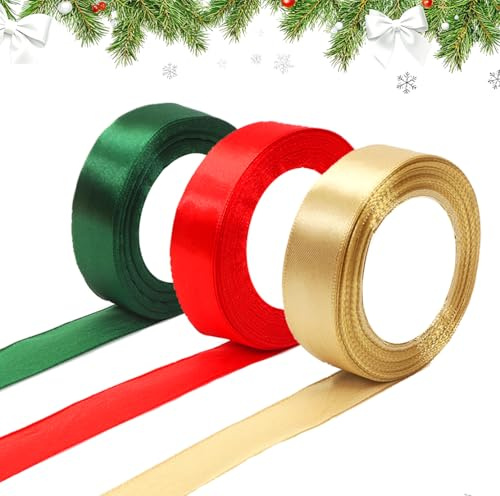 Nastro Natalizio, Nastro di Raso 25mm x 66M, 3 Rotoli Nastri Rosso Verde Scuro Oro, Accessori per Confezioni Regalo per Natalizi Regalo Nozze Compleanno Decorazione