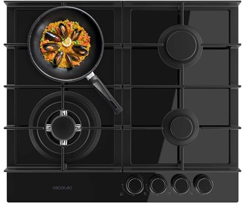 Cecotec Placa de Gas 4 Fuegos Bolero Squad G 4400F Glass Black. 8kW, Glass Black, Parrillas Hierro Fundido, Quemador WOK Triple Corona, Encendido Electrónico, Seguridad en Válvulas, Accesorio de Gas