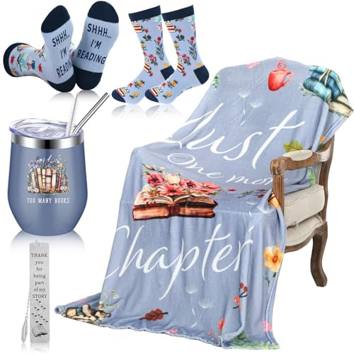 Sieral 4 Pcs Book Lovers Gifts for Women Book Gift Include 60 x 50'' Reading Blanket 12oz Insulated Tumbler Sock Bookmark for Valentine's Day Teacher Mother Bookish Library Club Librarian(Dusty Blue)