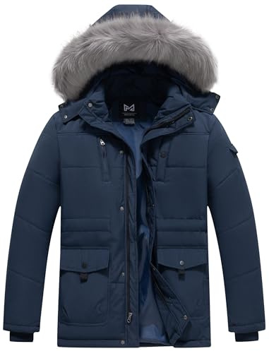 KVE Men's Hooded Warm Coat Thickened Padded Heavyweight Winter Parka Jacket with Detachable Fur Hood Navy M