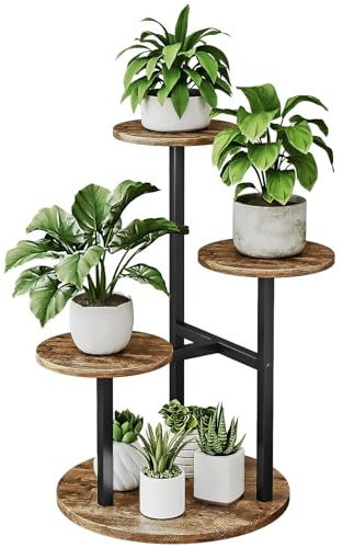 Dazioter Plant Stand Indoor Corner 4 Tier Metal Plant Shelf for Multiple Plants Round Flower Stand for Bedroom Patio Garden Balcony Living Room Black (Black+Rustic Brown, 4 Tier)