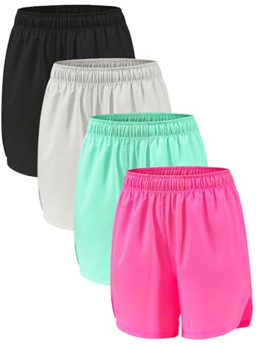 Orrfreer 4 Pack Girls Athletic Shorts,Sports Shorts 6-14 Years Teen Kids Running Cycling Basketball Short for Girls with Drawstring & Pockets Black/Grey/Green/Hot Pink M