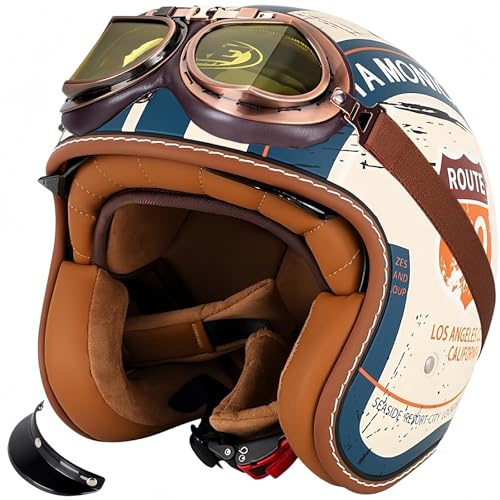 Casque Moto Vintage Casques Jet avec Visière Casques Bols Casque Mobylette pour Adultes Homme Et Femme avec Lunettes Homologué Dot/ECE Rétro Demi Casque Moto Vélo Scooter Chopper D,M57-58CM