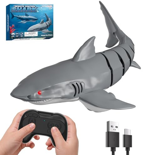 snookids Squalo Telecomandato Giocattolo - 2,4 GHz Barca Telecomandata Simulazione di Squalo, Ricarica USB, RC Shark Giocattolo Acquatico da Piscina per Bambini con Luce e Accensione Automatica