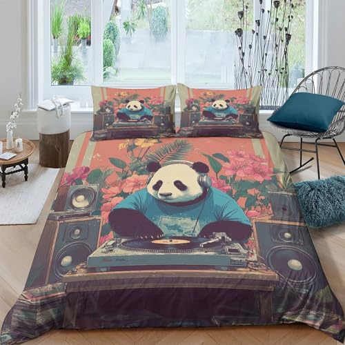Panda DJ setupcopripiumino ultra microfibra 3 Pezzi stampa 3D con cerniera vintage retro illust Set Di Copripiumino incluso federe per cuscini aiosa morbido e comodo for adulti Single（135x200cm）