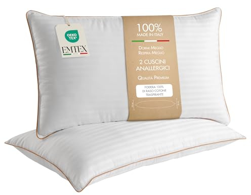 Cuscini Letto 100% COTONE ANALLERGICO Fibra Siliconica SET 2 Guanciali Morbidi e Traspiranti Cuciture Premium Made in Italy (2, CUCITURA ORO)