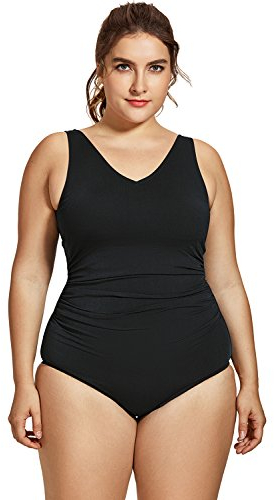 SYROKAN Damen Sport Badeanzug Bauchweg Große Größe Einteiler Figurformend ohne Bügel Schwarz 48