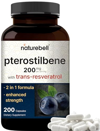 Pterostilbene with 98% Trans-Resveratrol, 200mg Per Serving, 200 Capsules | Naturally Sourced from Wild Blueberries – Antioxidant Supplement for Healthy Aging Support – Non-GMO