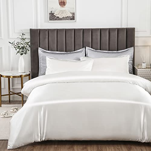Morbuy Silk Satin Double Duvet Cover with 2 Pillowcases, White Bedding Set Easy Care Duvet Cover Set with Zipper Closure - Luxury Ultra Soft Quilt Cover 3 Piece - 200x200cm