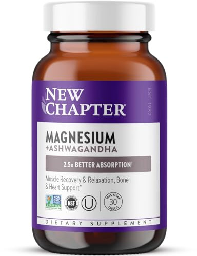 New Chapter Magnesium + Ashwagandha Supplement, 325 mg with Magnesium Glycinate for Muscle Relaxation & Recovery, Heart, Nerve & Bone Health, 2.5X Absorption, Non-GMO - 30 ct (1 Month Supply)