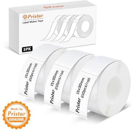 Etiquetas Pristar P15, 3 Rollos 15x30mm Cinta Adhesiva Térmica Autoadhesiva | compatible con la rotuladora P15, blanco, 210 etiquetas/rollo