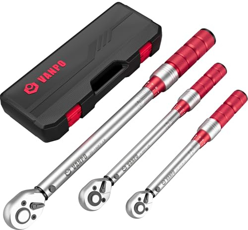 VANPO 3-Piece Click Torque Wrench Set 1/4, 3/8, 1/2 Drive – 20-240 in-lb, 5-45 ft-lb, 20-160 ft-lb, ±3% Accuracy, Dual Direction 72-Tooth Ratchet for Bike, Motorcycle, Car & Automotive Use