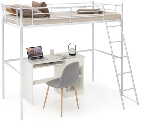 Multigot Metal Bunk Bed, Space-Saving Loft Bed Frame with Safety Guardrail, Single Ladder Bed High Sleeper Beds for Kids Teens Adults (White)