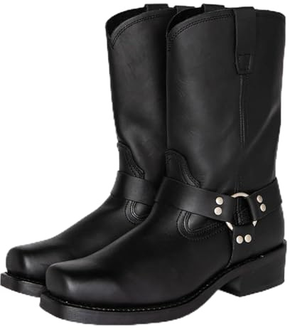 Bottes D'équitation (38-48), Bottes De Cowboy Pour Hommes, Bout Carré/talon Bas, Antidérapantes/résistantes À L'usure, Boucle De Ceinture/à Enfiler, Pour Automne, Hiver/unisexe,47,Black