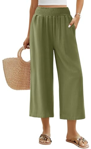 Niwicee Pantalon de Lino y Algodón Mujer Verano 3/4 Cintura Alta Elástico con Bolsillos Ligeros y Cómodos Flojo Playa Anchos