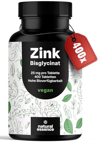Zink Tabletten hochdosiert 25mg - 400 Tabletten hochdosiert mit Zink-Bisglycinat - Vegan und produziert in Deutschland - Laborgeprüft - Verpackung kann variieren