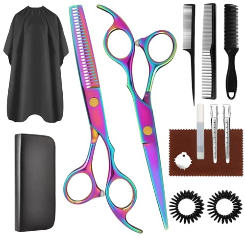Hair Cutting Scissors Set, Professional Haircut Scissors Kit with Cutting Scissors Thinning Scissors for Barber/Salon/Home/Men/Women/Kids/Adults(Rainbow)