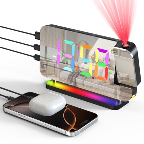 Lomffy Radio Reloj Despertador Digital con Proyector de 180°, Despertador de Proyección Reloj con Pantalla de 11 Colores, Luz Nocturna de 10 Colores, Brillo Ajustable, Repetición, Puerto de Carga Dual