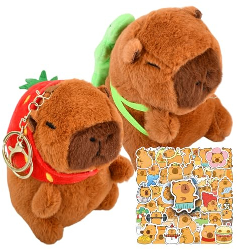 Aurafly 2 Pezzi Peluche Capybara Bambola, Peluche con Zaino Tartaruga Giocattolo Animale Fragola Capibara peluche Regali Decorativi Capibara con 50 Adesivi capibara per Bambini Adulti