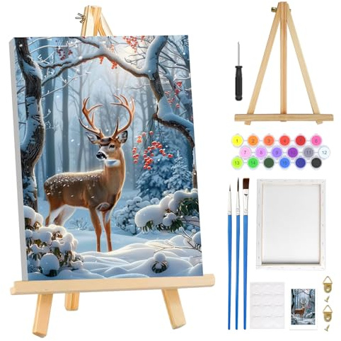 MOGTAA Navidad Pintar por Numeros Adultos con Marco, Ciervo Paint by Numbers Kits con Caballete de Madera, DIY Cuadros para Pintar por Números Animal, Decoración para el Hogar 20x30cm