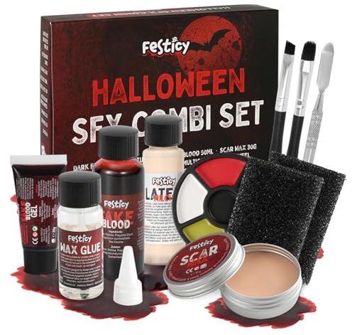 Festicy Set de Maquillaje Halloween de Efectos Especiales I Kit completo con sangre falsa, látex, cera para cicatrices y accesorios I Sangre falsa I Maquillaje Halloween para disfrace