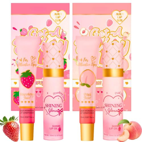 4PCS Lip Conditioner & Lip Oil Set for Dry and Chapped Lips,Moisturizing Lip Care Duo Gifts for Teenage Girls,Hydrating Lip Gloss Balm with Nourishing Oil,Natural Lip Repair Treatment,Strawberry+Peach